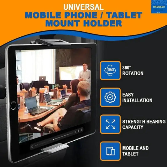 Universal mobile phone/tablet mount holder with features on a black background