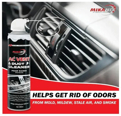 Mikanix AC Vent & Duct Cleaner spray can with car air vent in the background