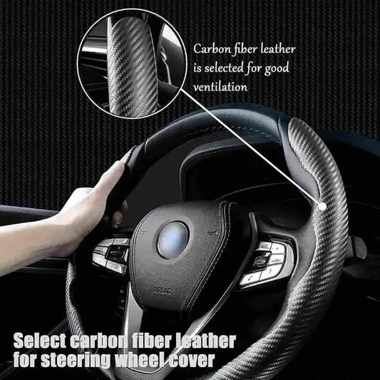 Car steering wheel with carbon fiber leather cover and close-up of texture