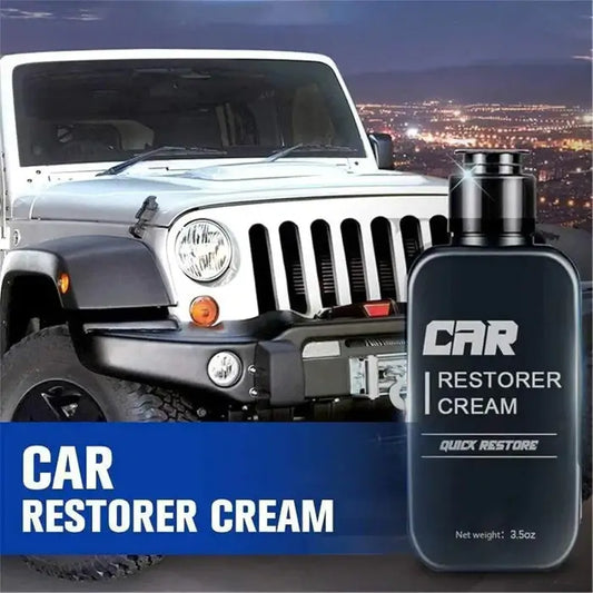 Jeep with a bottle of Car Restorer Cream against a cityscape background