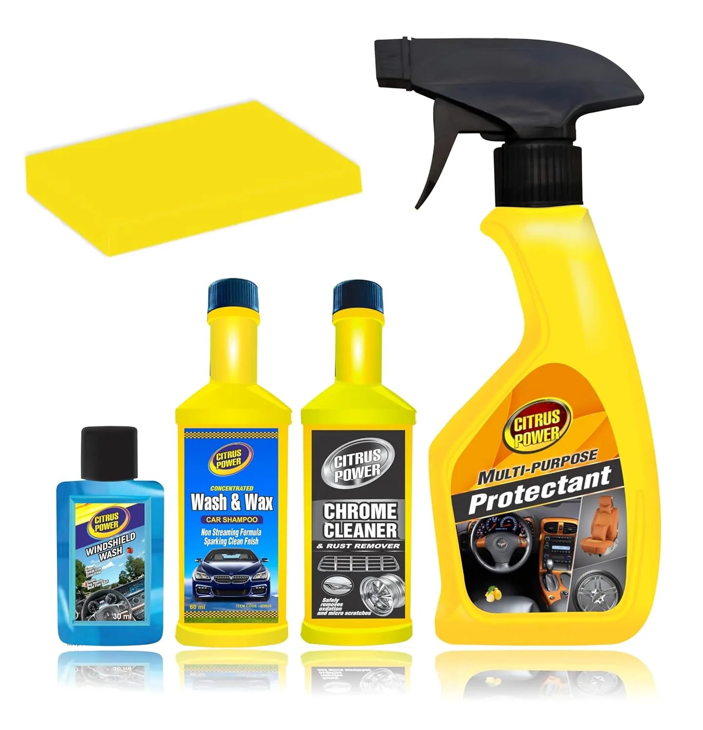 Collection of Citrus Power car care products including a spray bottle, bottles, and a yellow squeegee on a white background.