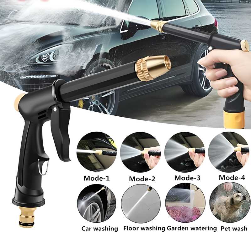 A high-pressure water spray gun being used to wash a car. The spray gun has a brass nozzle and a black handle.