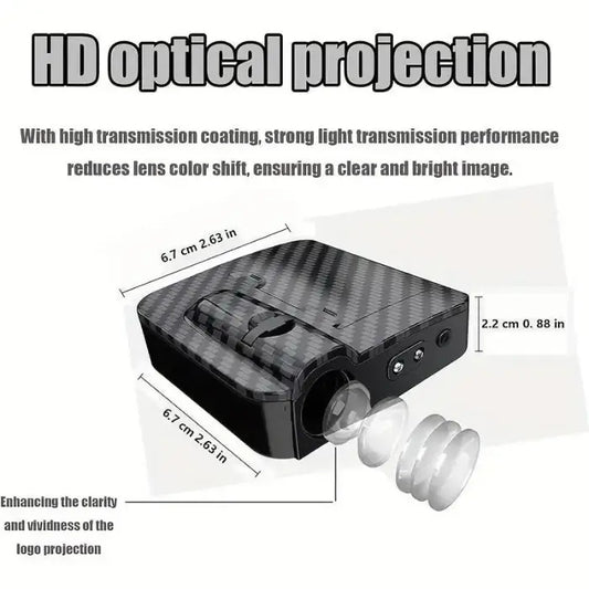 Small projector with dimensions labeled, on a white background with text about HD optical projection.