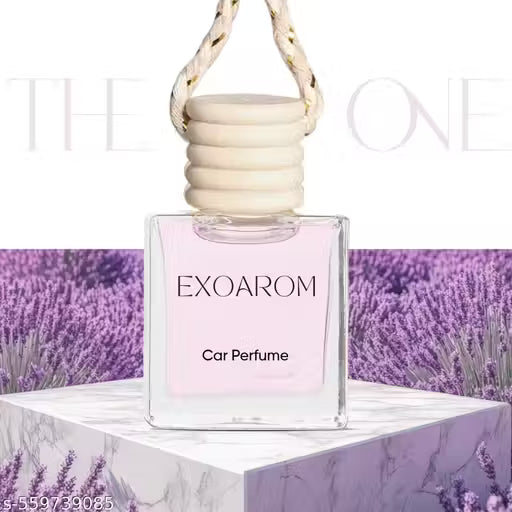 Exoarom car perfume bottle with lavender field background