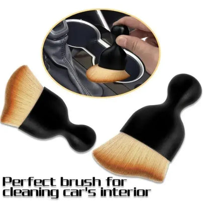 Car interior cleaning brush with wooden bristles and black handle, inset showing use on car dashboard.