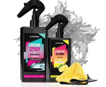 Two Limiex car care products with a yellow microfiber cloth on a white background