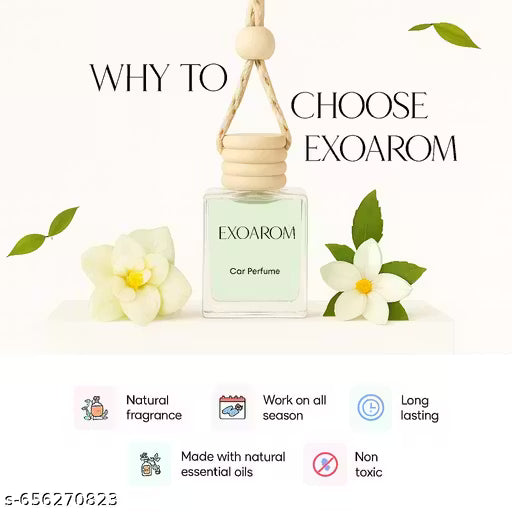 Exoarom car perfume bottle with flowers and text on a white background