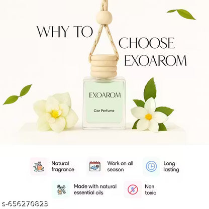 Exoarom car perfume bottle with flowers and text on a white background