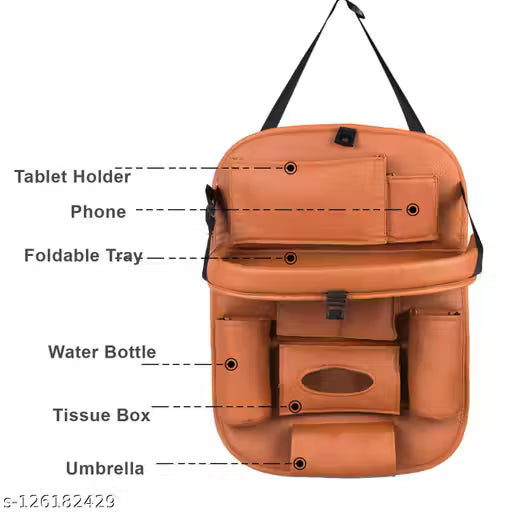 Brown car organizer with labeled compartments on a white background