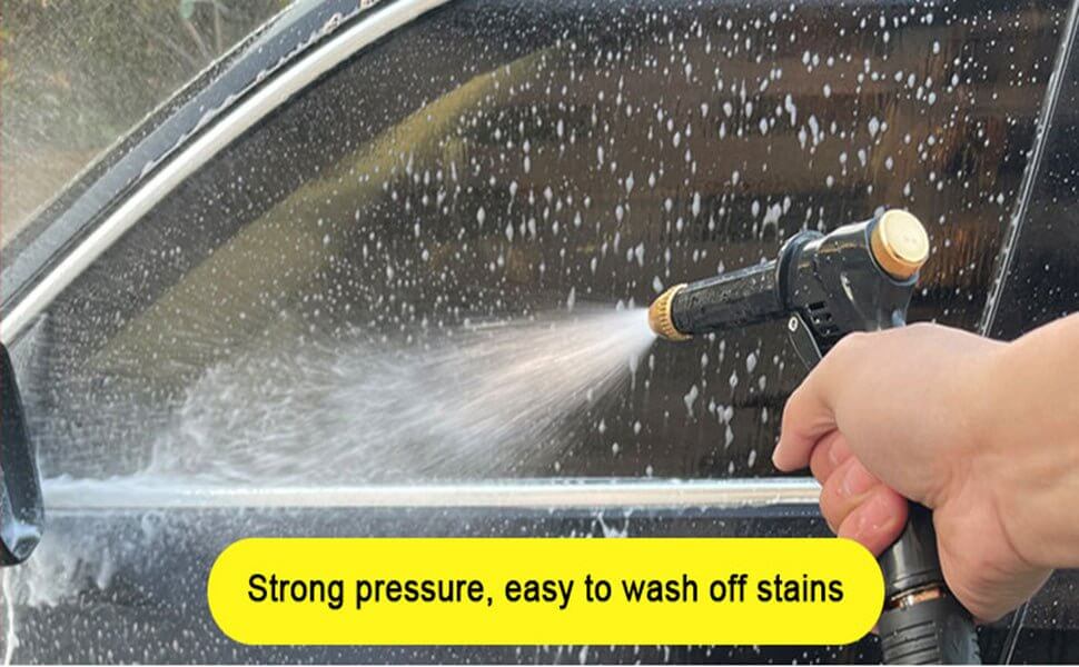 Person using a high-pressure washer to clean a car window with text 'Strong pressure, easy to wash off stains'.