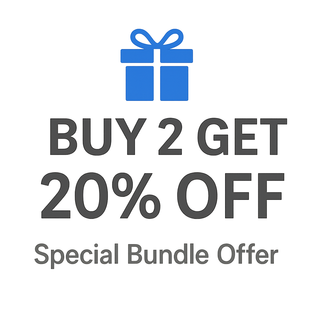Promotional graphic with a blue gift box icon and text 'BUY 2 GET 20% OFF Special Bundle Offer' on a white background.