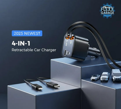 Fast Car Charger (2025 New Version) Retractable Type-C Charging for 4 Devices – Universal Car Mobile Charger for All Smartphones & Tablets (Car Charger)