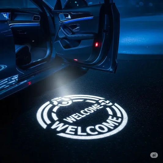 Car door open with 'WELCOME' projection on a dark floor