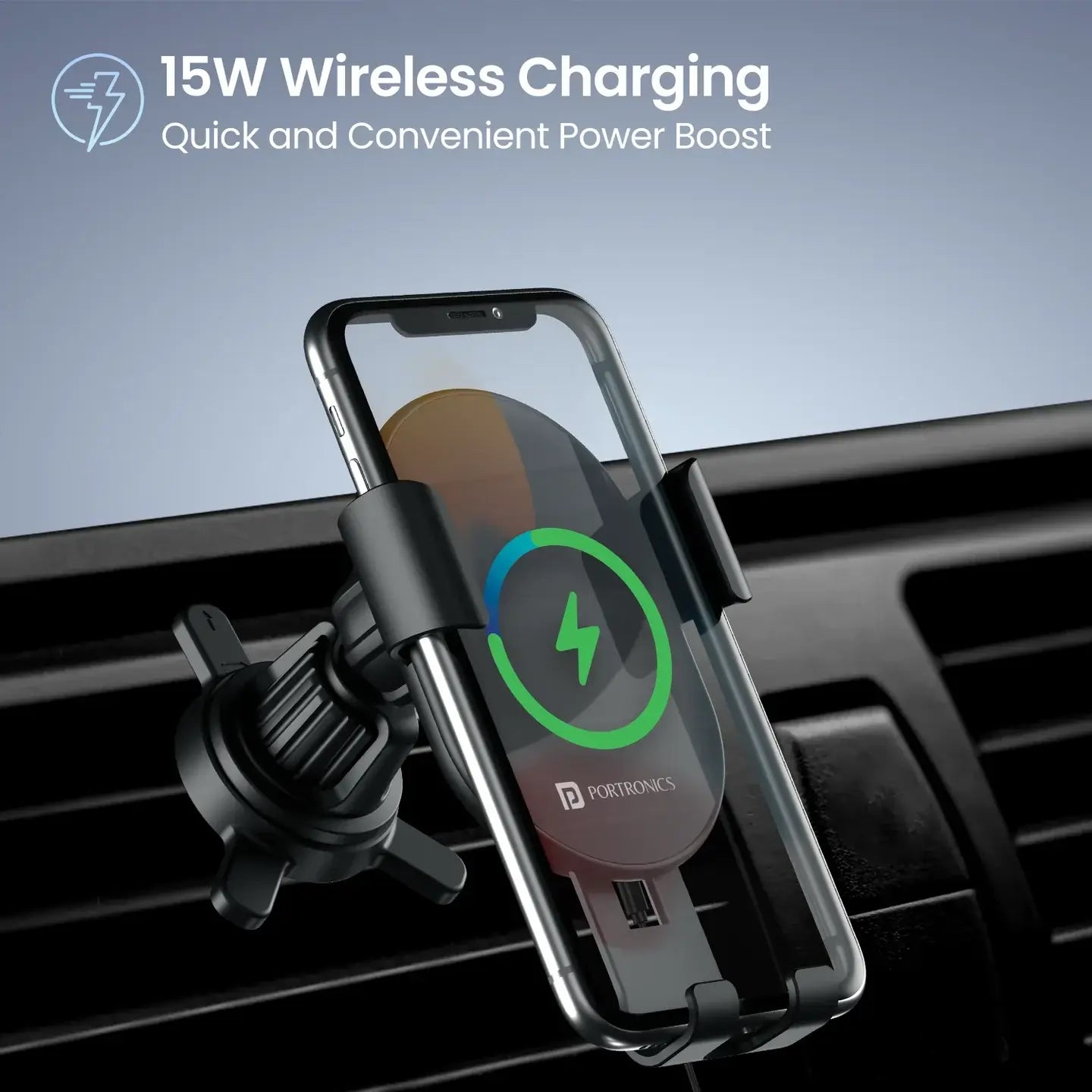 Portronics wireless charging device in a car dashboard with '15W Wireless Charging' text.