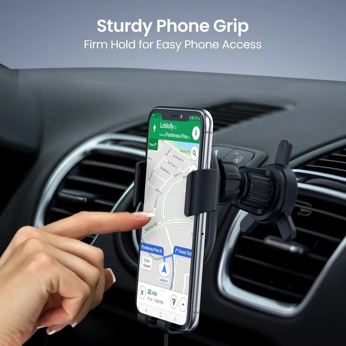 Phone holder in car with phone displaying navigation app, labeled 'Sturdy Phone Grip'.