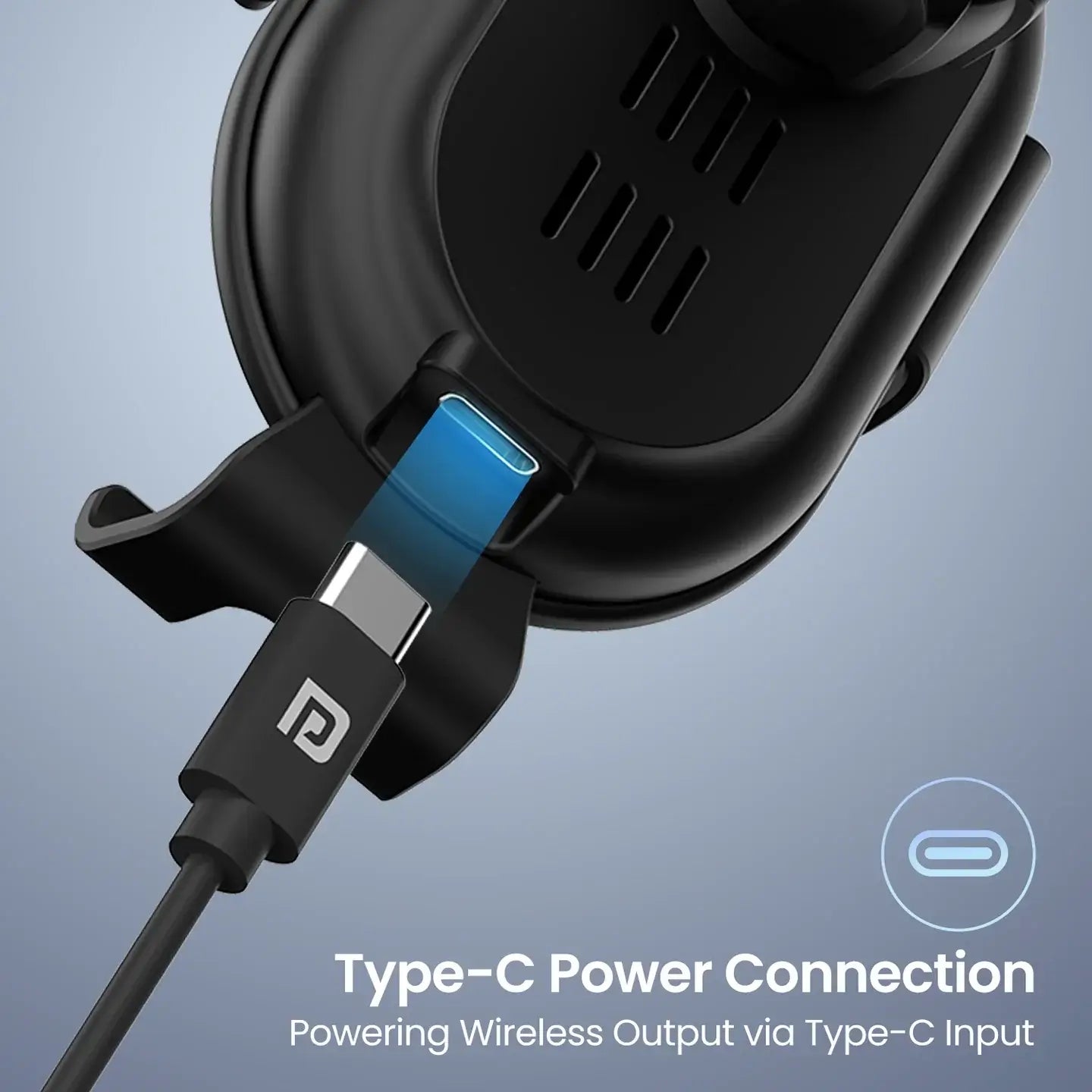 Black gaming headset with Type-C power connection on a gray background