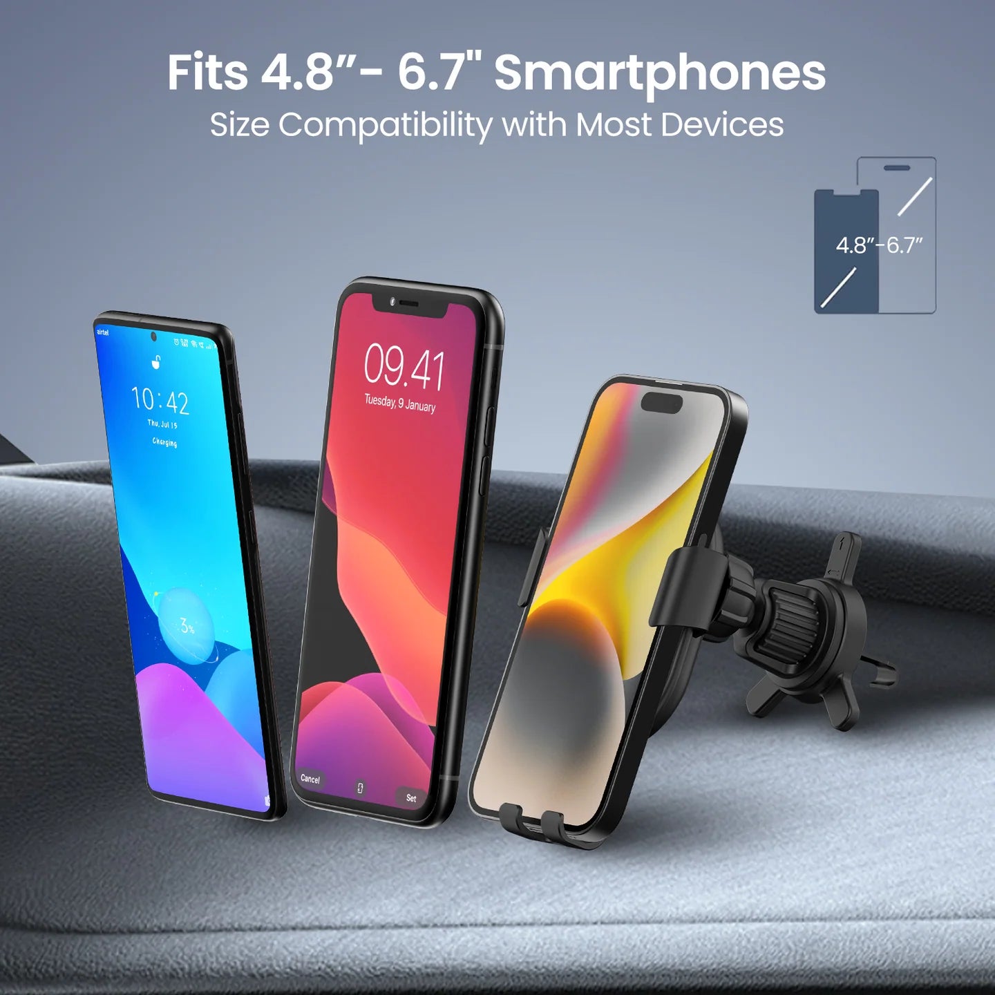 Phone holder compatible with 4.8"-6.7" smartphones on a car dashboard.