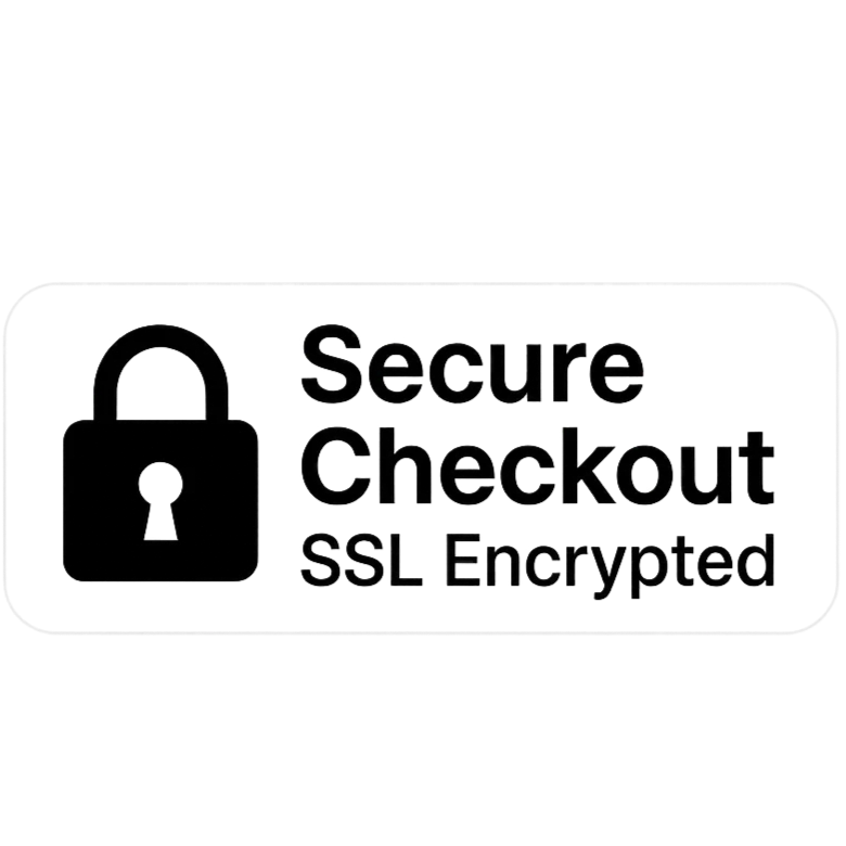 Secure checkout and SSL encrypted logo with a lock icon on a white background