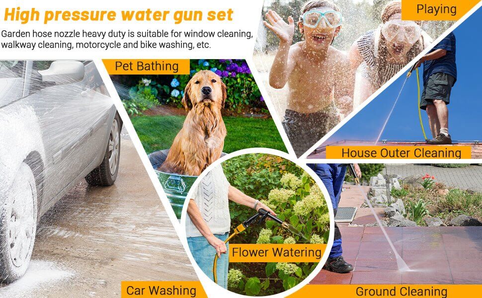 High pressure water gun set with various uses including car washing, pet bathing, and house cleaning.