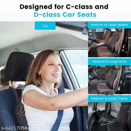 Woman driving a car with text about C-class and D-class car seats, and images of car interiors.