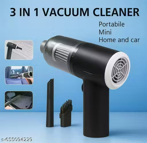 3-in-1 portable mini vacuum cleaner with attachments on a blue background