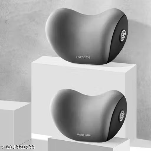 Two gray massage pillows on white stands with a light gray background