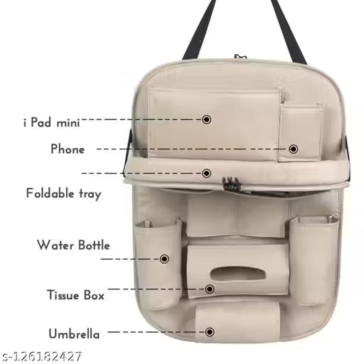 Beige backpack with labeled compartments for iPad mini, phone, foldable tray, water bottle, tissue box, and umbrella.