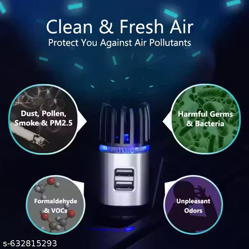 Car Air Purifier & Ionizer with Dual USB Charger – Compact Cabin Freshener (Black)