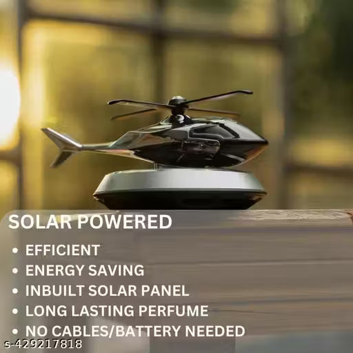 Solar-powered helicopter-shaped device on a wooden surface with text highlighting features.