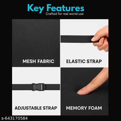 Key features of a belt with mesh fabric, elastic strap, adjustable strap, and memory foam on a black background.