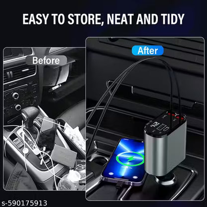 Car dashboard with a before and after comparison of a neat and tidy setup using a car organizer.