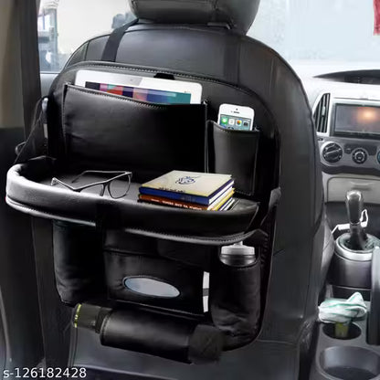 Car back seat organizer with various items on a car seat