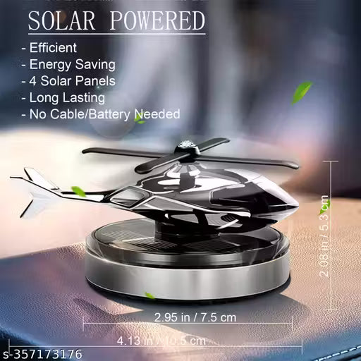 Solar-powered device with features listed on a blurred background