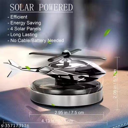 Solar-powered device with features listed on a blurred background