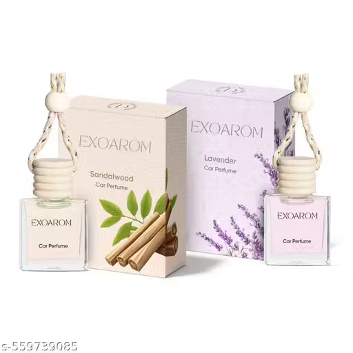 Two Exoarom car perfume bottles with their packaging on a white background