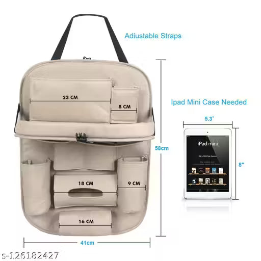 Beige backpack with measurements and an iPad Mini for scale on a white background