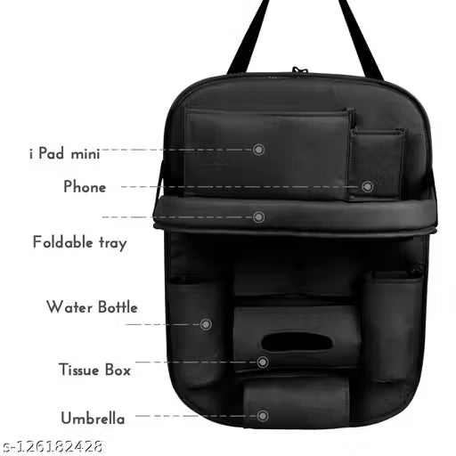 Black backpack with labeled compartments on a white background