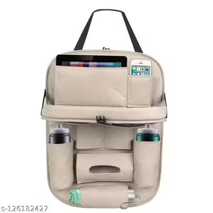 Beige backpack with multiple pockets and compartments on a white background
