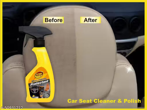 Car seat cleaner and polish bottle with 'Before' and 'After' comparison on a car seat.