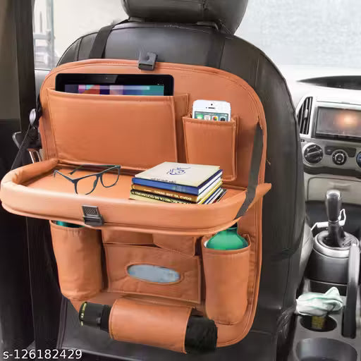 Brown car organizer with tray and multiple pockets on a car seat