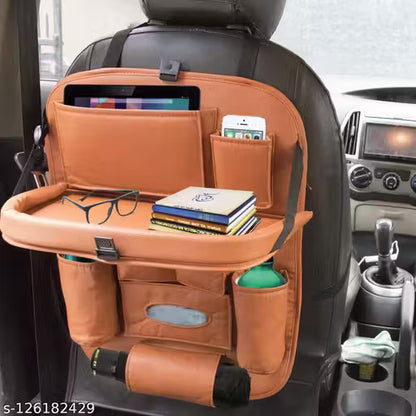 Brown car organizer with tray and multiple pockets on a car seat