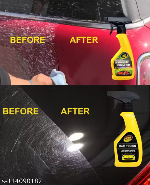 Before and after comparison of car cleaning with a spray bottle labeled 'Car Polish' on a red car.