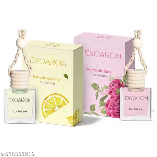 Two EXOAROM car perfume bottles with their packaging on a white background