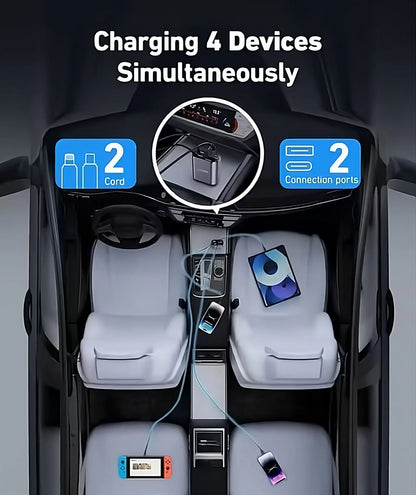 Car interior with multiple devices charging simultaneously, highlighting two cords and two connection ports.