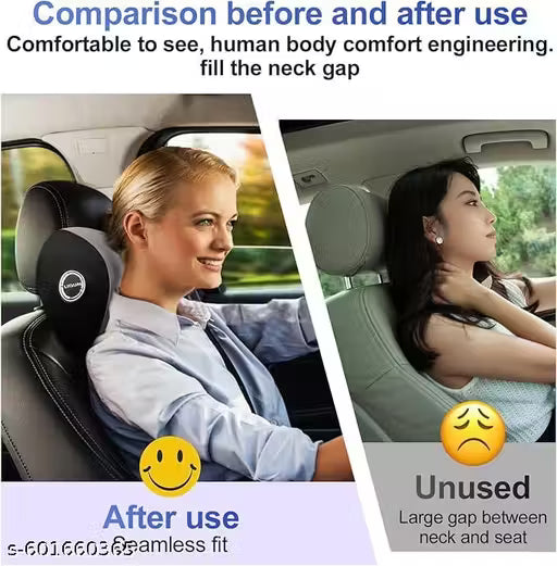 Comparison of a car seat with and without a neck support device, showing comfort improvement.